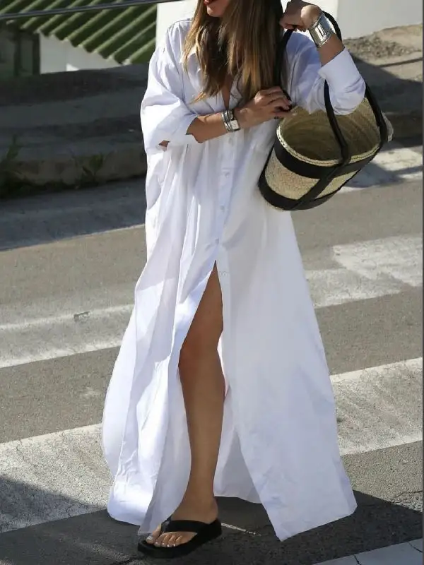 Split Buttoned Long Shirt Maxi Dress