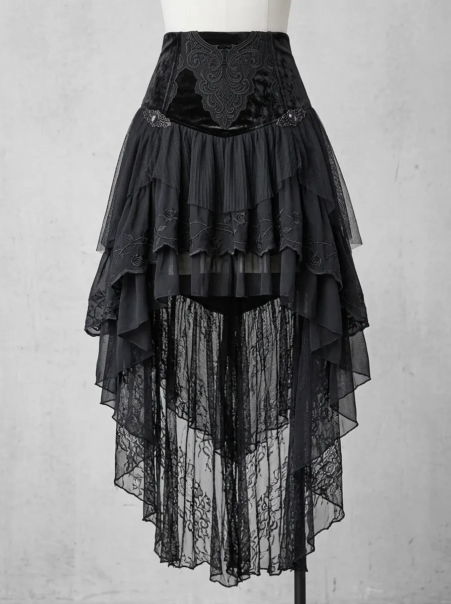 Dark Rose Victorian Lace Street Look Women's Gothic High-Low Skirt