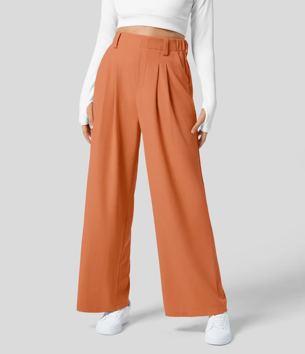 2026🔥  High Waisted Plicated Side Pocket Wide Leg Waffle Work Pants