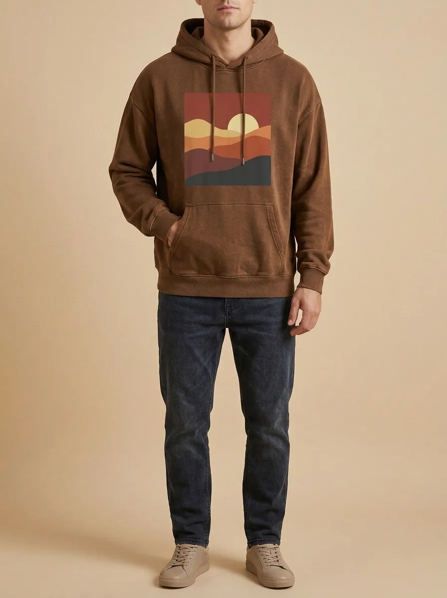 Unisex Retro Sunset Mountain Landscape Print Hoodie