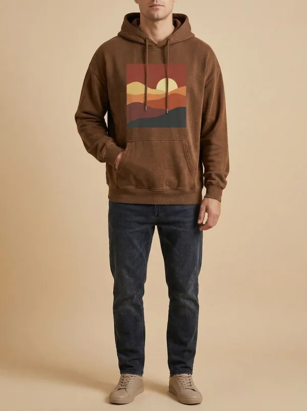 Unisex Retro Sunset Mountain Landscape Print Hoodie