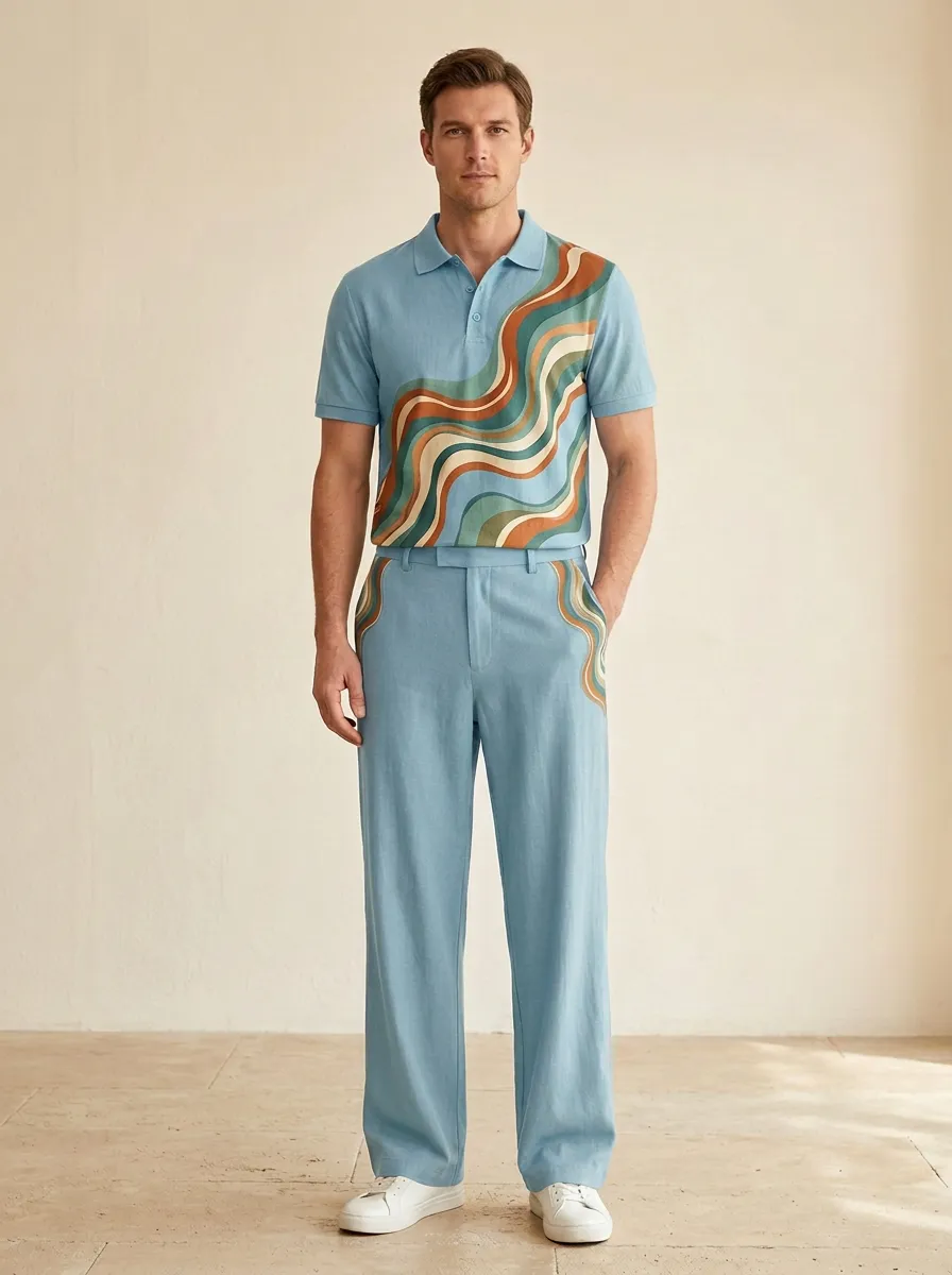 Men's Retro Wave Pattern Printed Casual Polo Shirt and Pants Set