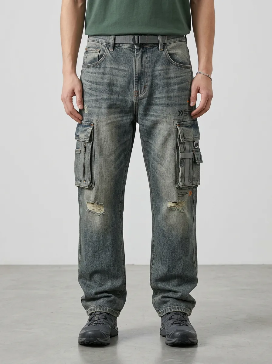 Men's Streetwear Distressed Graphic Cargo Jeans
