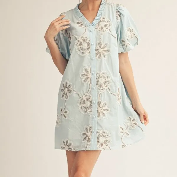 Classic Floral Ruffle Detail Puff Sleeve Dress