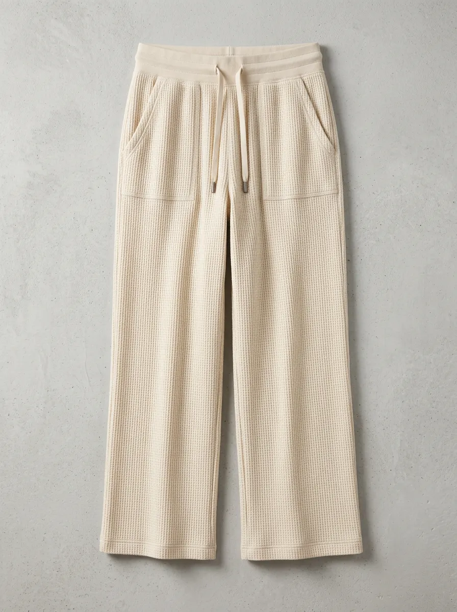 Women's Casual Lounge Waffle Knit Drawstring Wide Leg Pants