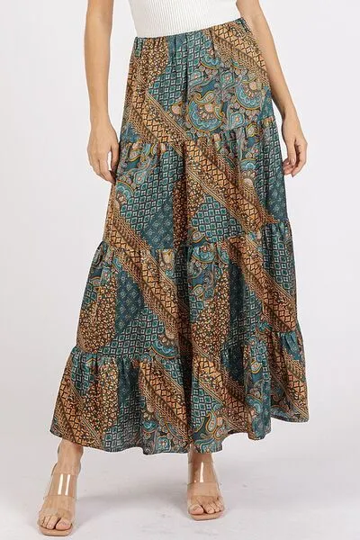 Flowing Paisley Patchwork Print Satin Maxi Skirt