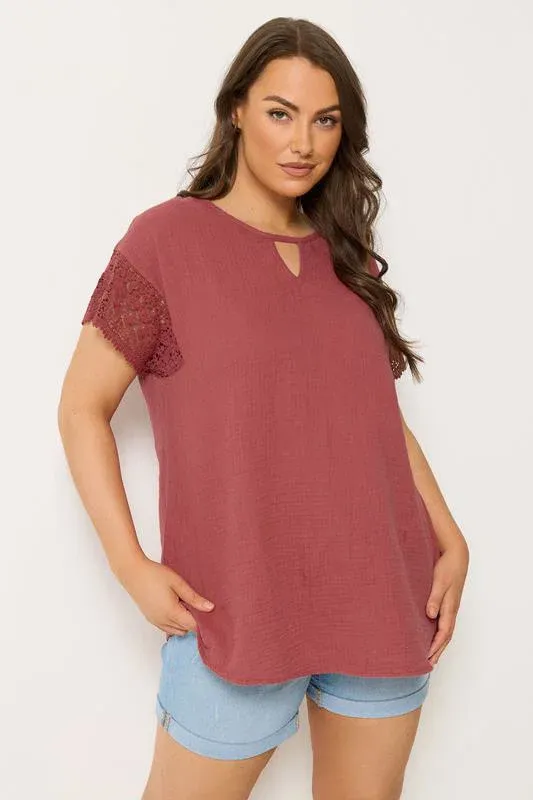 Rust Orange Cheesecloth Crochet Top