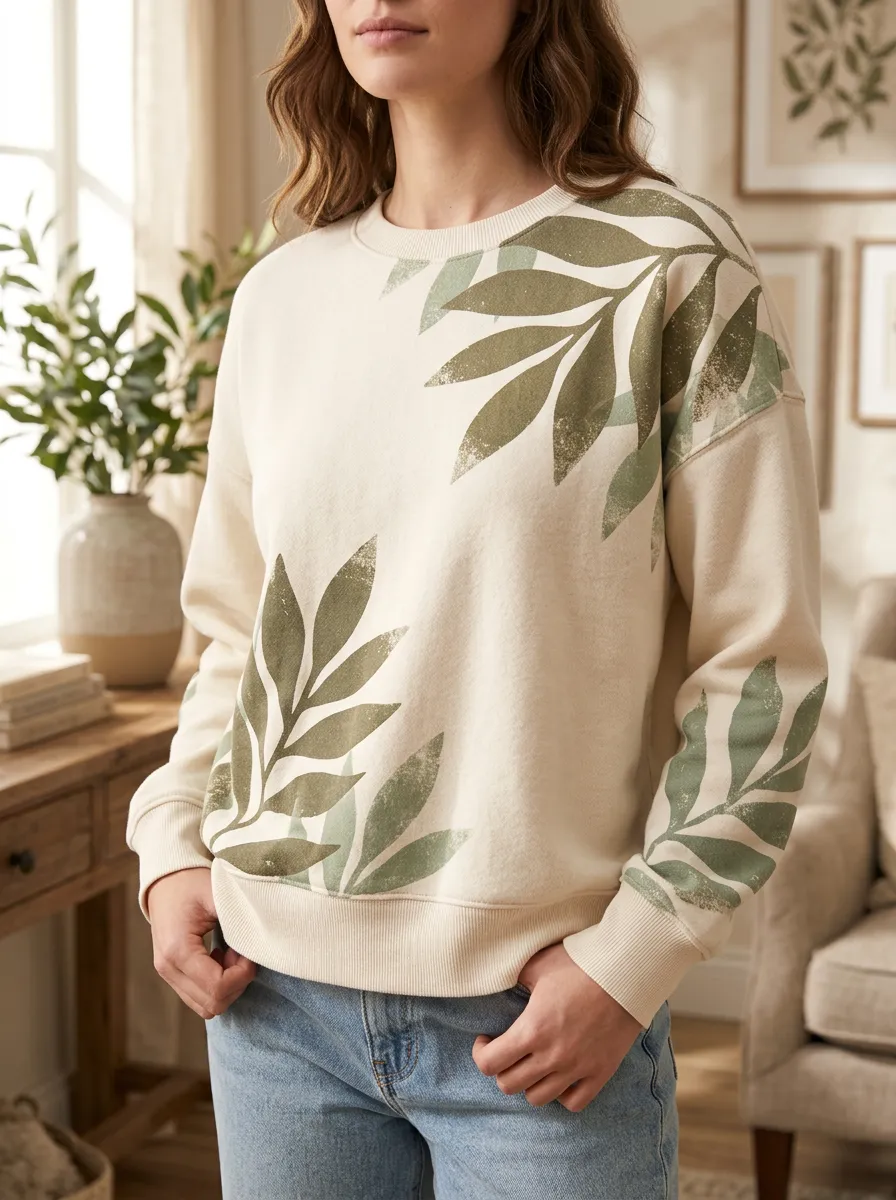 Women's Leaf Print Crewneck Sweatshirt Botanical Relaxed Fit