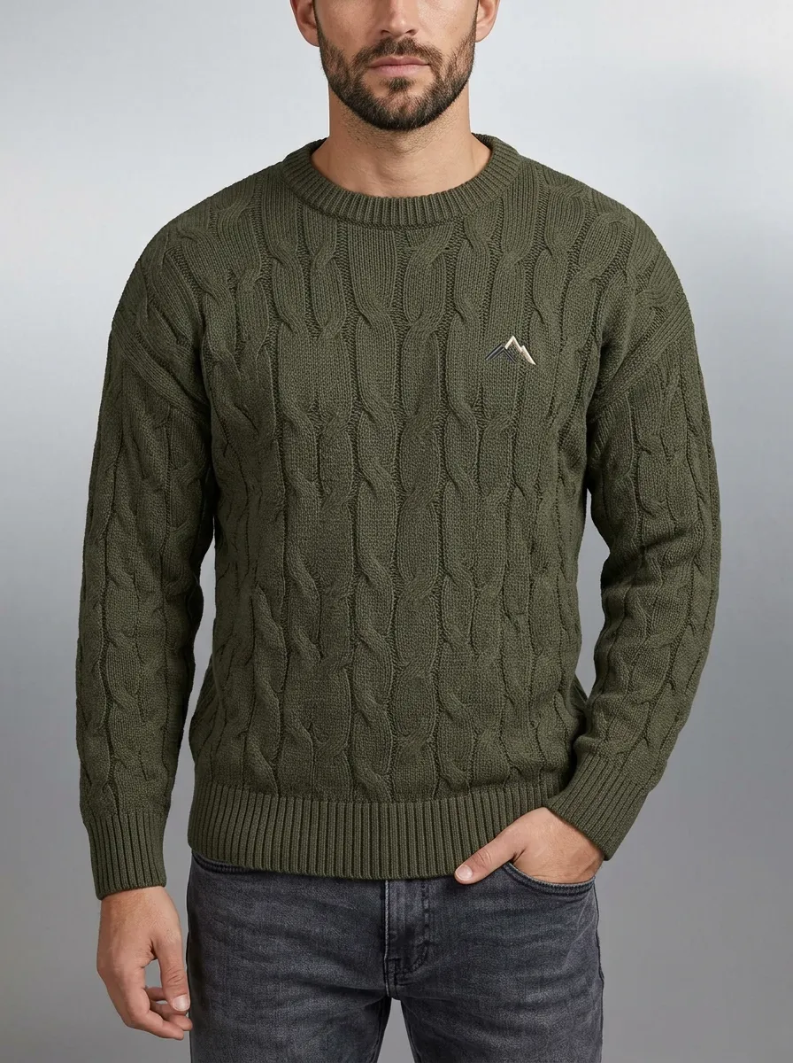 Men's Olive Green Outdoor Mountain Graphic Embroidered Knit Sweater