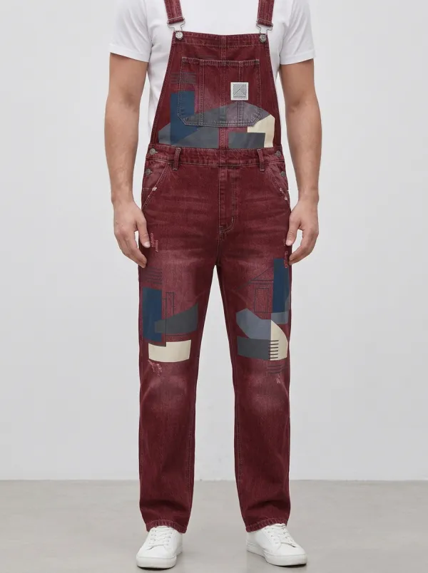 Geometric Patchwork Denim Overalls