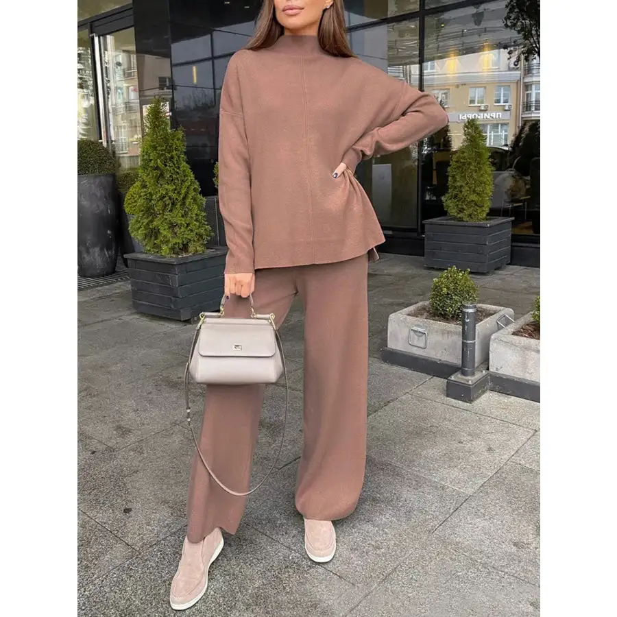 Slit Mock Neck Top and Pants Sweater Set