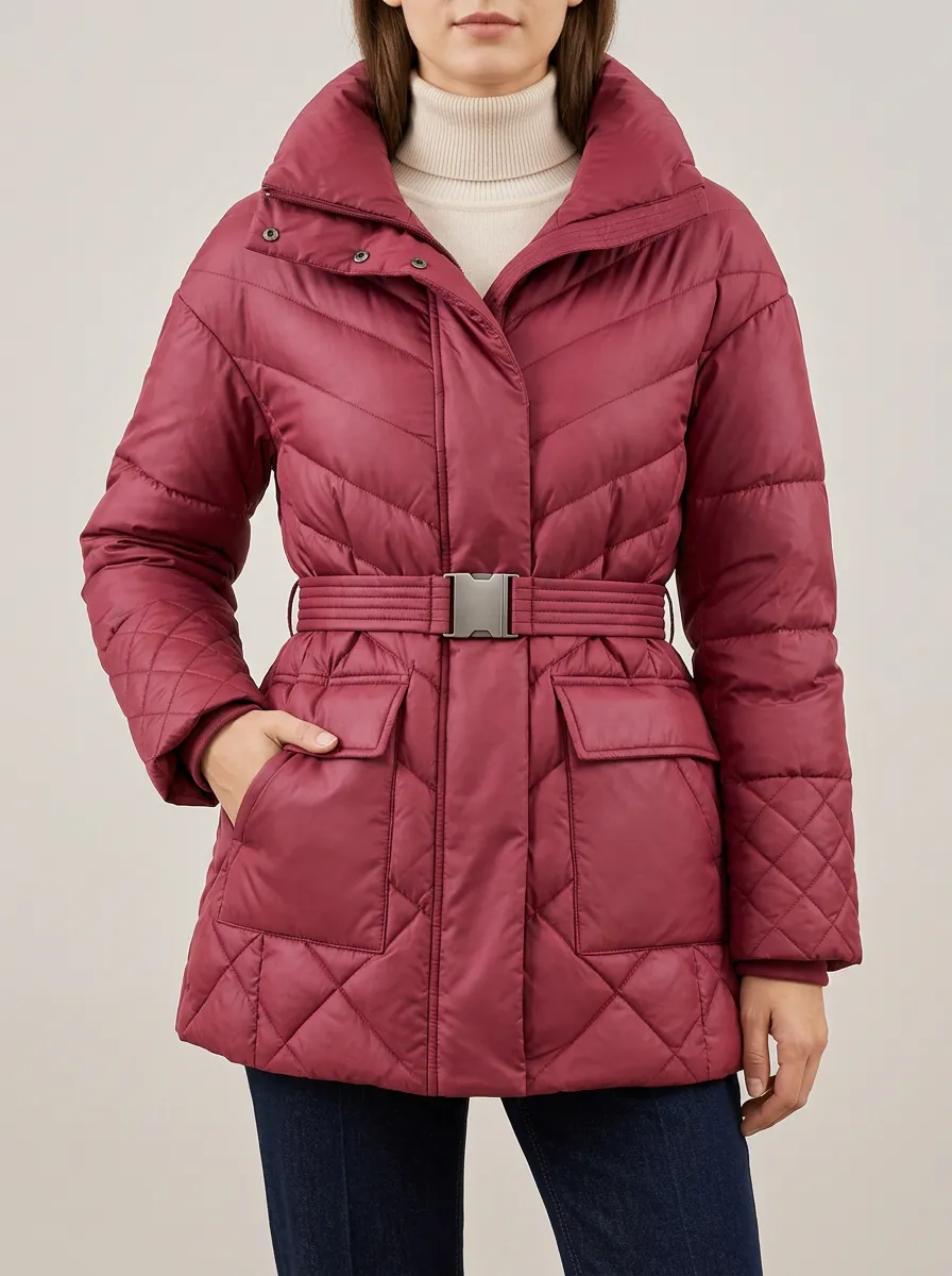 Burgundy Belted Waist Quilted Finish Cold Weather Jacket with neatly quilted styling
