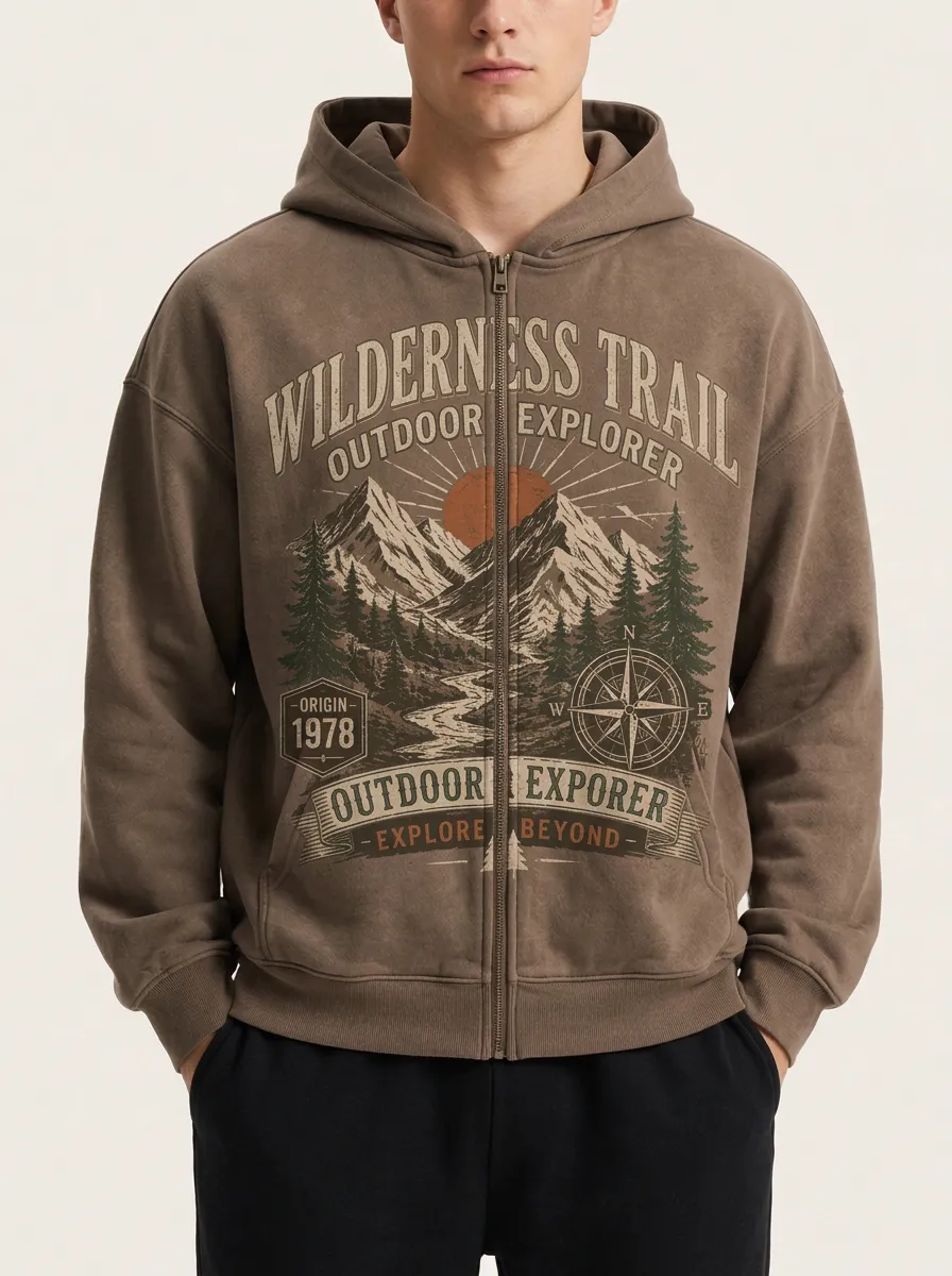 Men's Outdoor Explorer Wilderness Trail Mountain Compass Printed Zip Hoodie