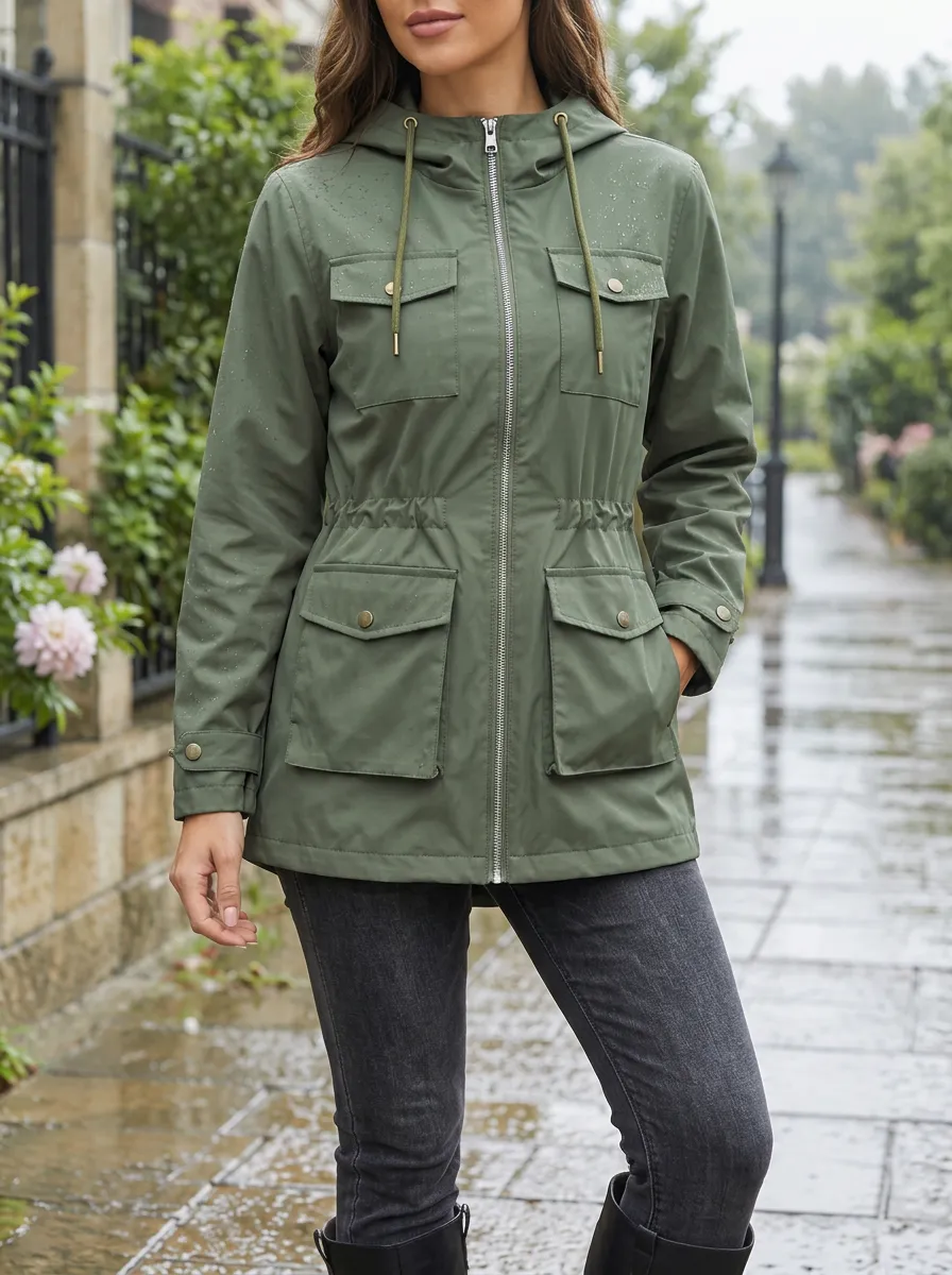 Women's Olive Green Hooded Waterproof Utility Jacket with Adjustable Cuffs