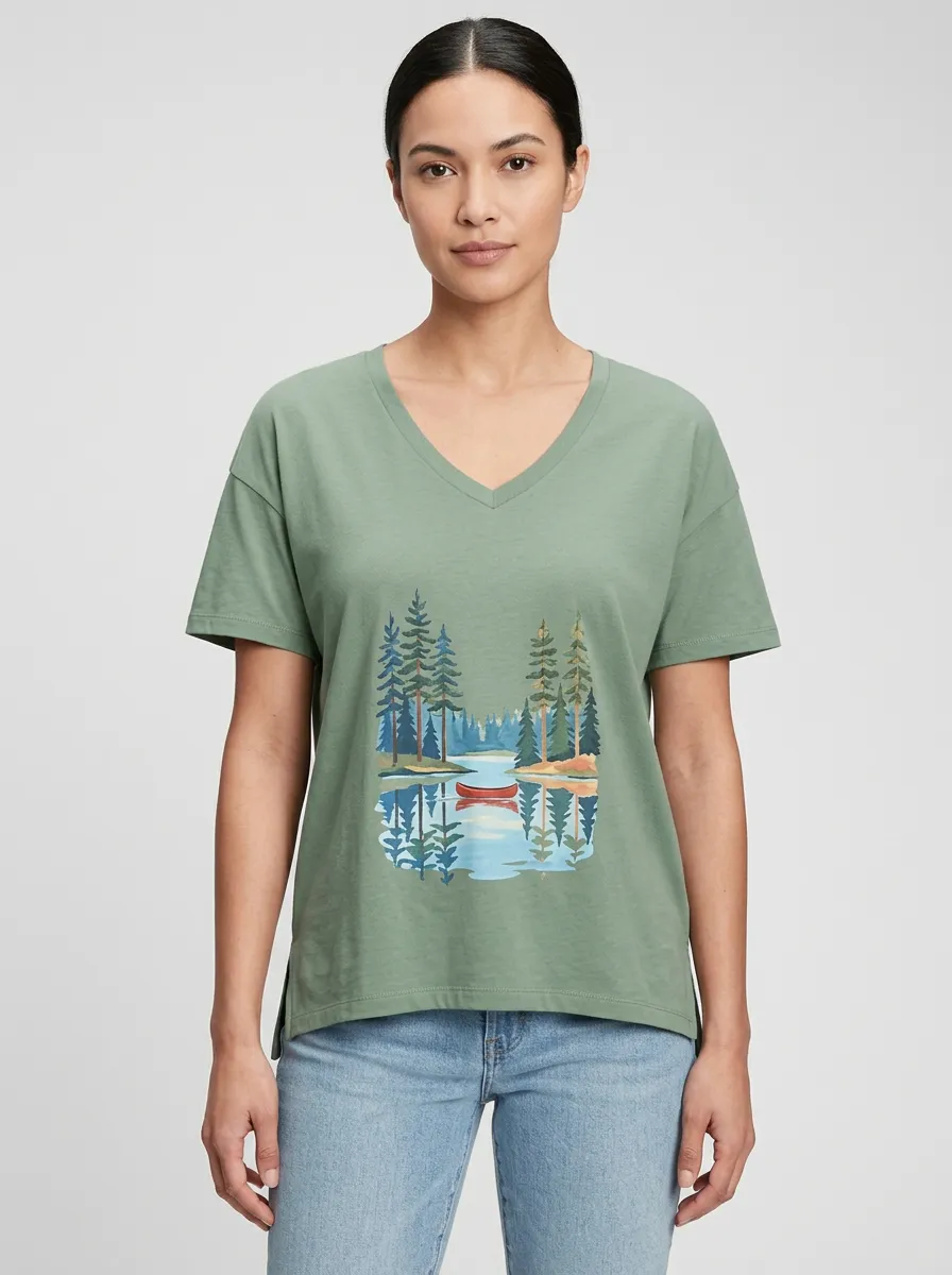 Women's Canoe Lake & Forest Graphic V-Neck T-Shirt