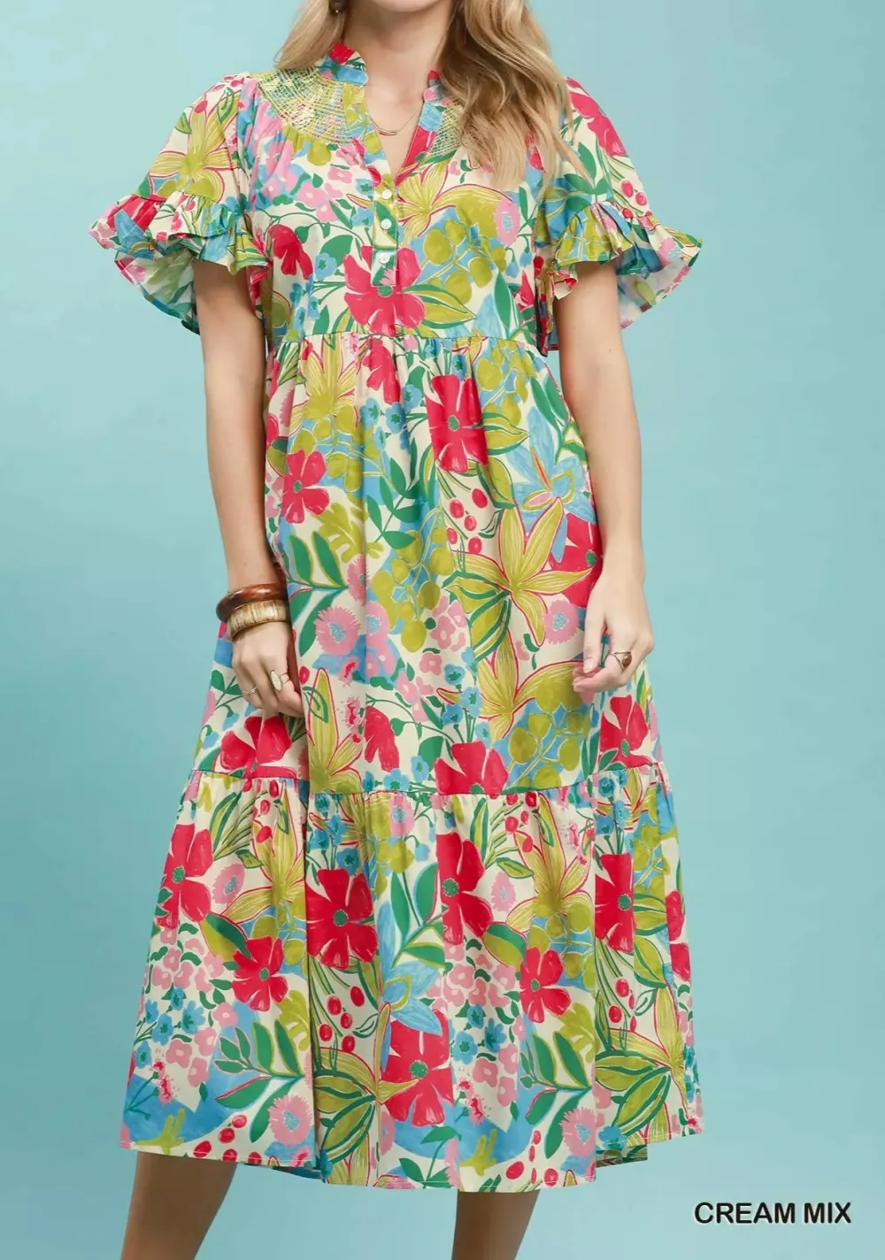 Tropical Ruffle Sleeve Tiered Midi Dress