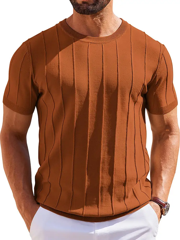 Casual Short Sleeve Shirt Ribbed Knit Pullover Tee