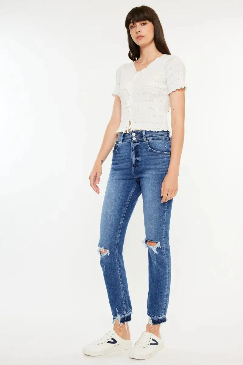 Textured High Waist Straight Leg Distressed Denim Jeans