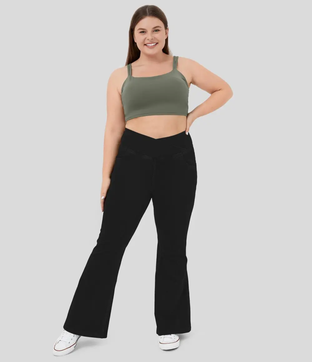Magic High Waisted Crossover Pocket Cool Touch Breathable Washed Stretchy Knit Plus Size Casual Super Flare Jeans