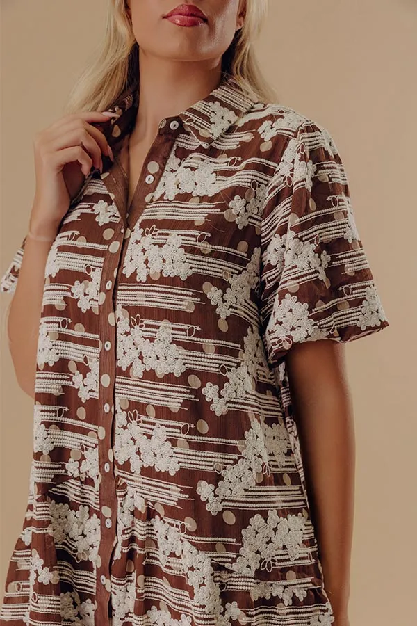 Embroidered Floral Collared Short Sleeve Relaxed Mini Dress