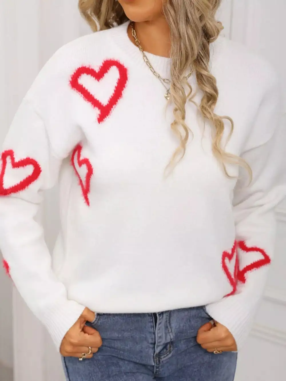 Valentine's Day Heart Print Crew Neck Sweater