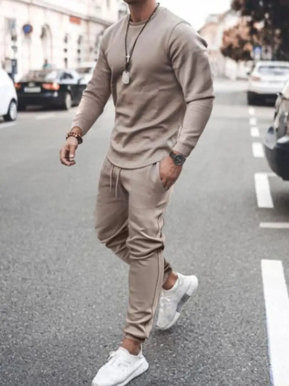 Round-Neck Long-Sleeve Top and Pants Sport Set