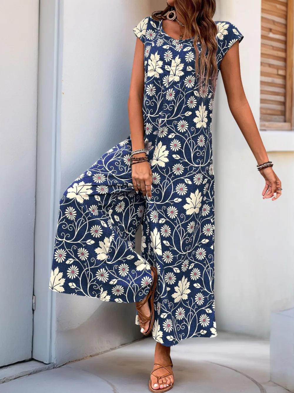 Round Neck Cap Sleeve Wide Leg Jumpsuit