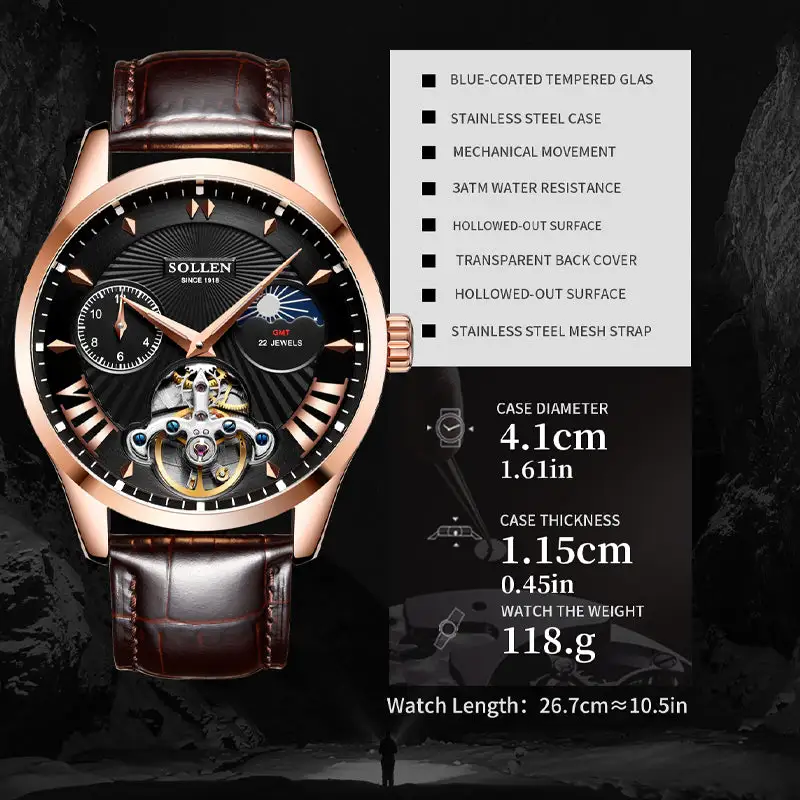 Sollen SL302 Men's Open Heart Automatic Mechanical Watch - 41mm Stainless Steel Case Moon Phase Dual Time Sunburst Dial Wristwatch