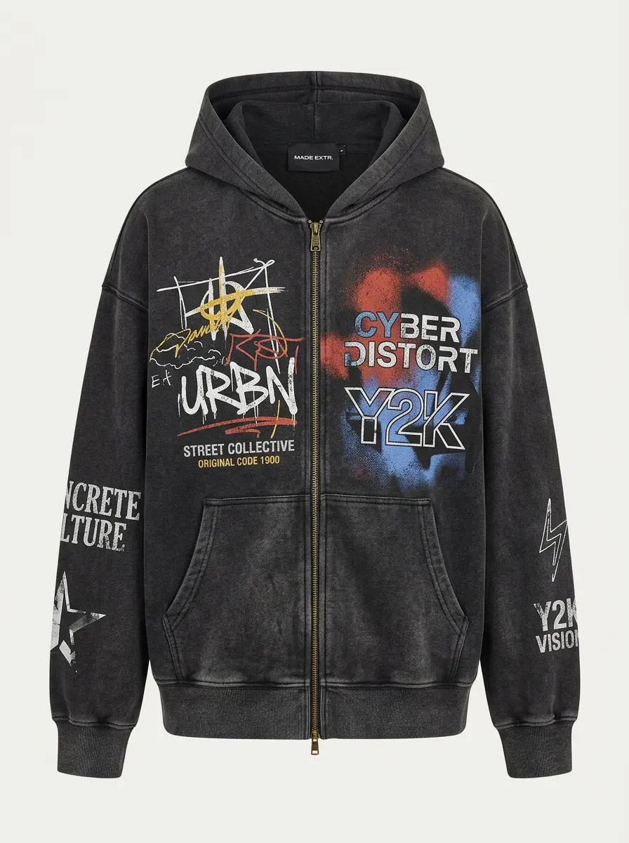 Unisex Streetwear Y2K Cyber Distort Graphic Printed Zip-up Hoodie