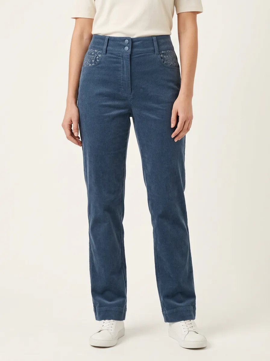 Women's Patterned-Pocket Dual-Button Corduroy Straight-Leg Pants