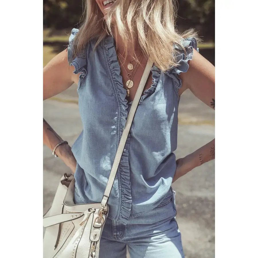 Frilly Ruffle Trim V Neck Chambray Tank