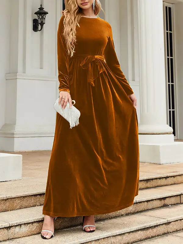 Pleated Wrap Belted Long Neck Maxi Dress