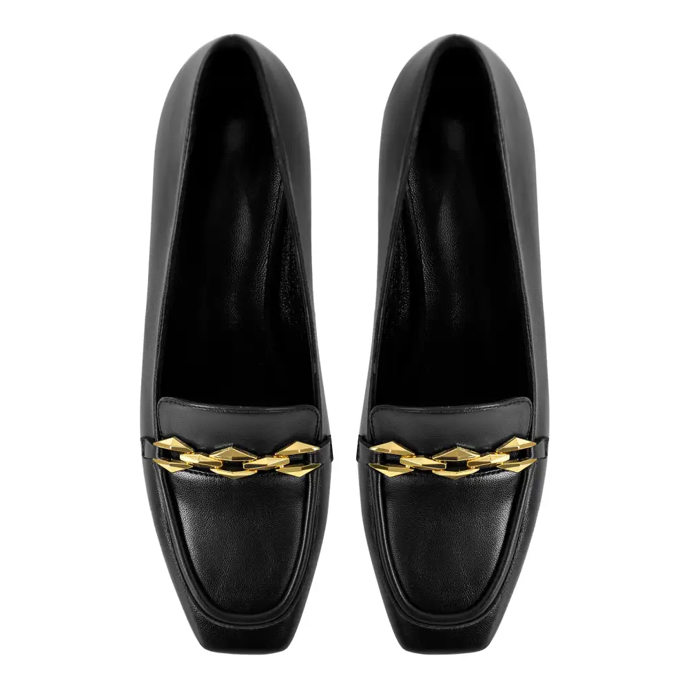 Square Toe Chunky Heel Chain Accent Pumps