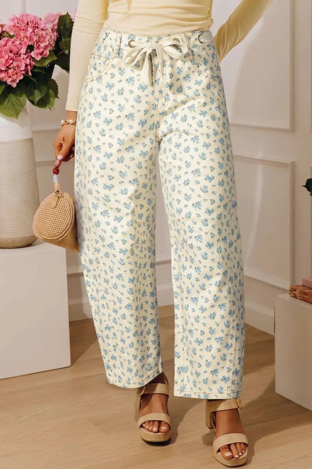 Women's Grommet Knot Waist Floral Barrel Leg Jeans