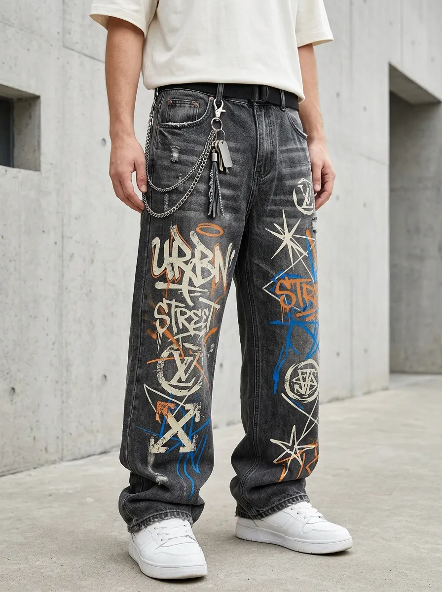 Unisex Urban Streetwear Graffiti Distressed Jeans