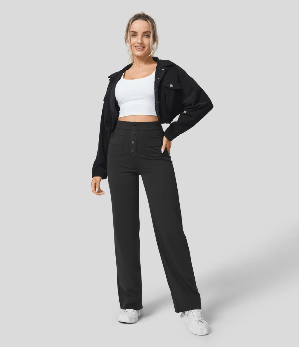 High Waisted Button Multiple Pockets Straight Leg Casual Pants