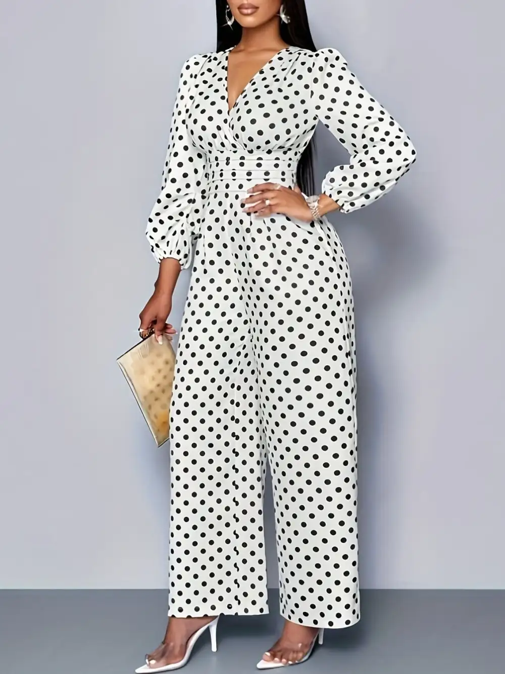 Polka Dot Long Sleeve Wide Leg Jumpsuit