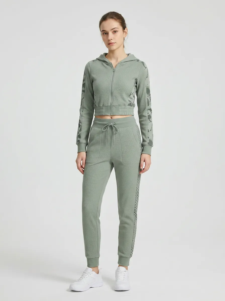 Women's Sage Green Camo Waffle Knit Printed Tracksuit