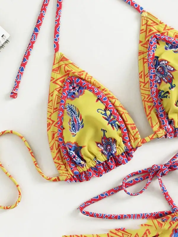 Ethnic Print Halter Neck Tie Bikini Swim Set