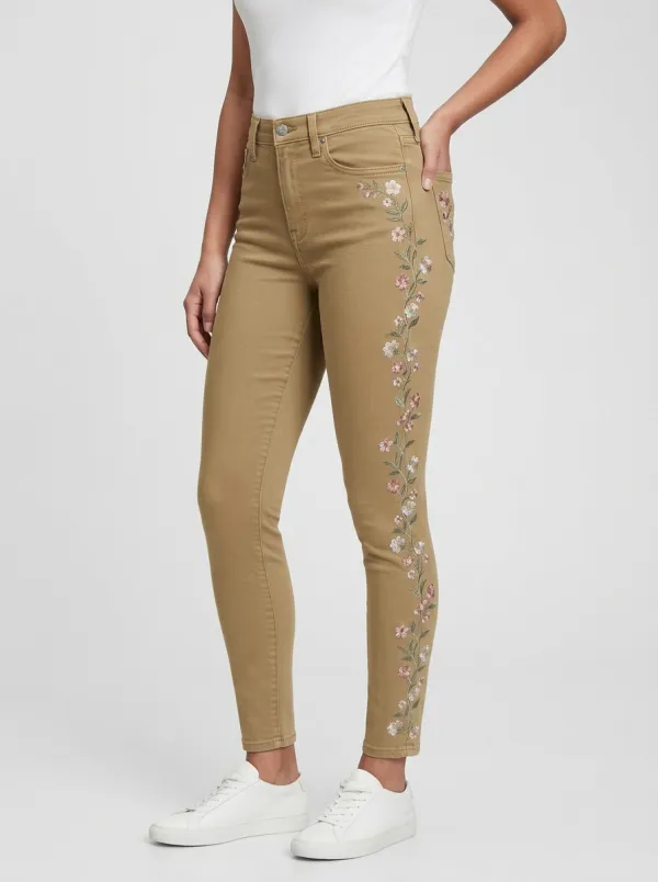 Women's Ridge Floral Pink Flower Embroidered Printed Slim Jeans