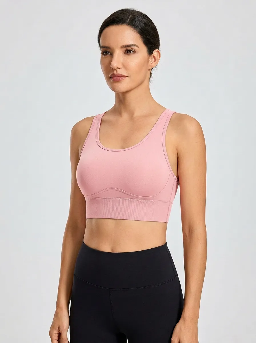 Women's Scoop-Neck Racerback Ribbed Wide-Strap Wide-Band Sports Bra