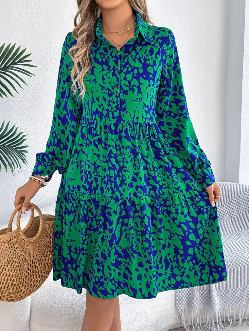 Printed Long Sleeve Collared Dress Casual