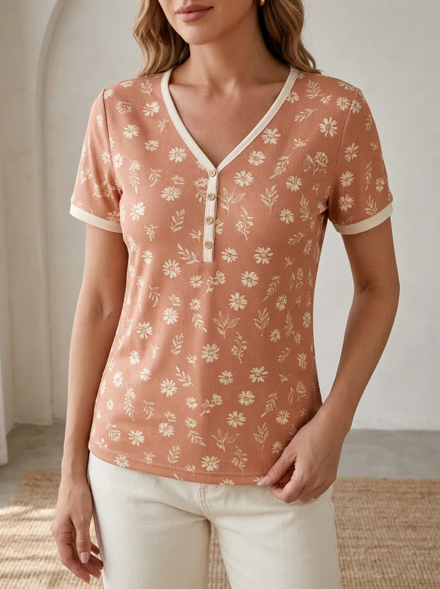 Women's Floral Botanical Print Ribbed V-Neck Button T-Shirt
