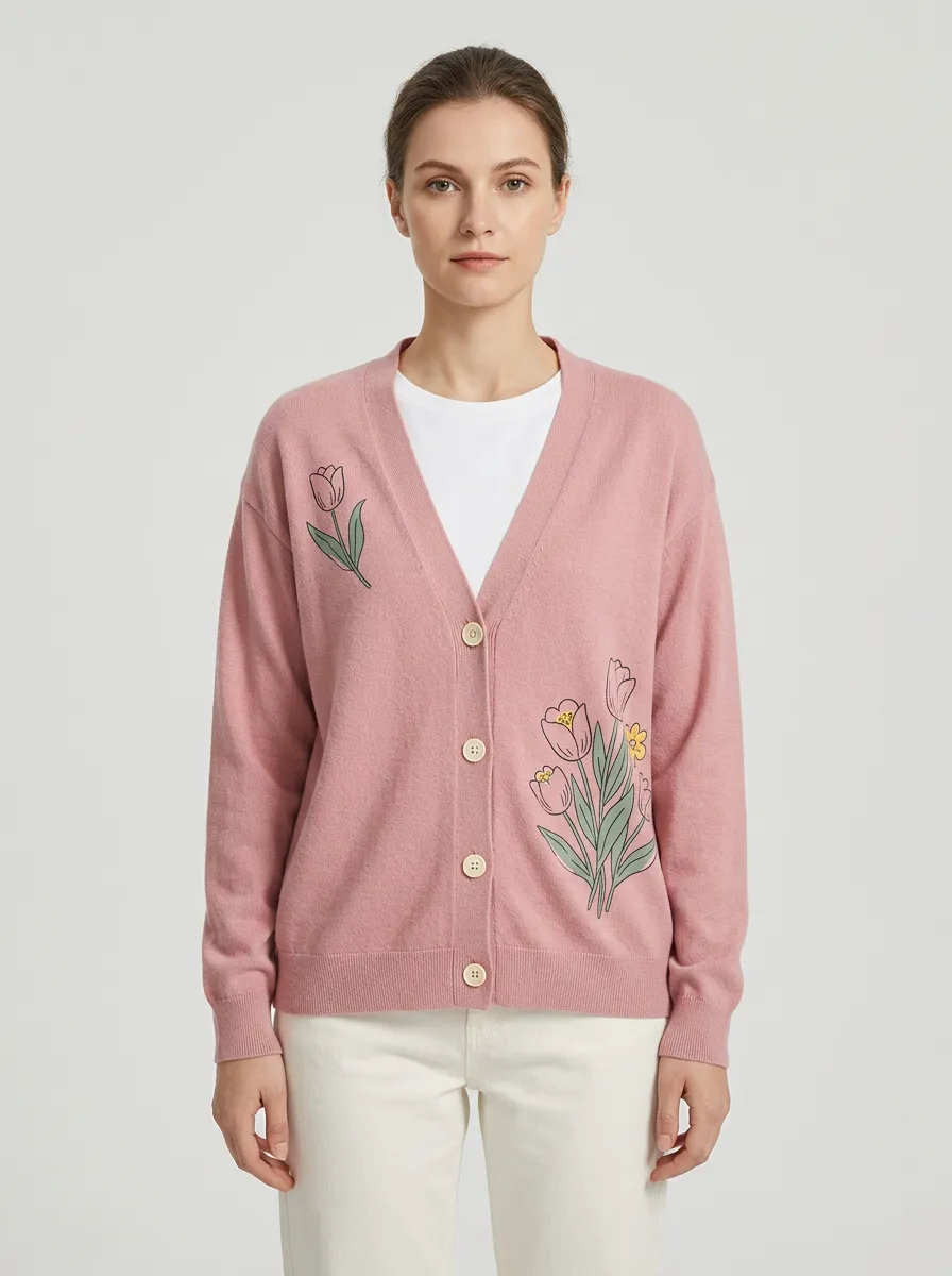 Women's V-Neck Embroidered Floral Ribbed Cardigan