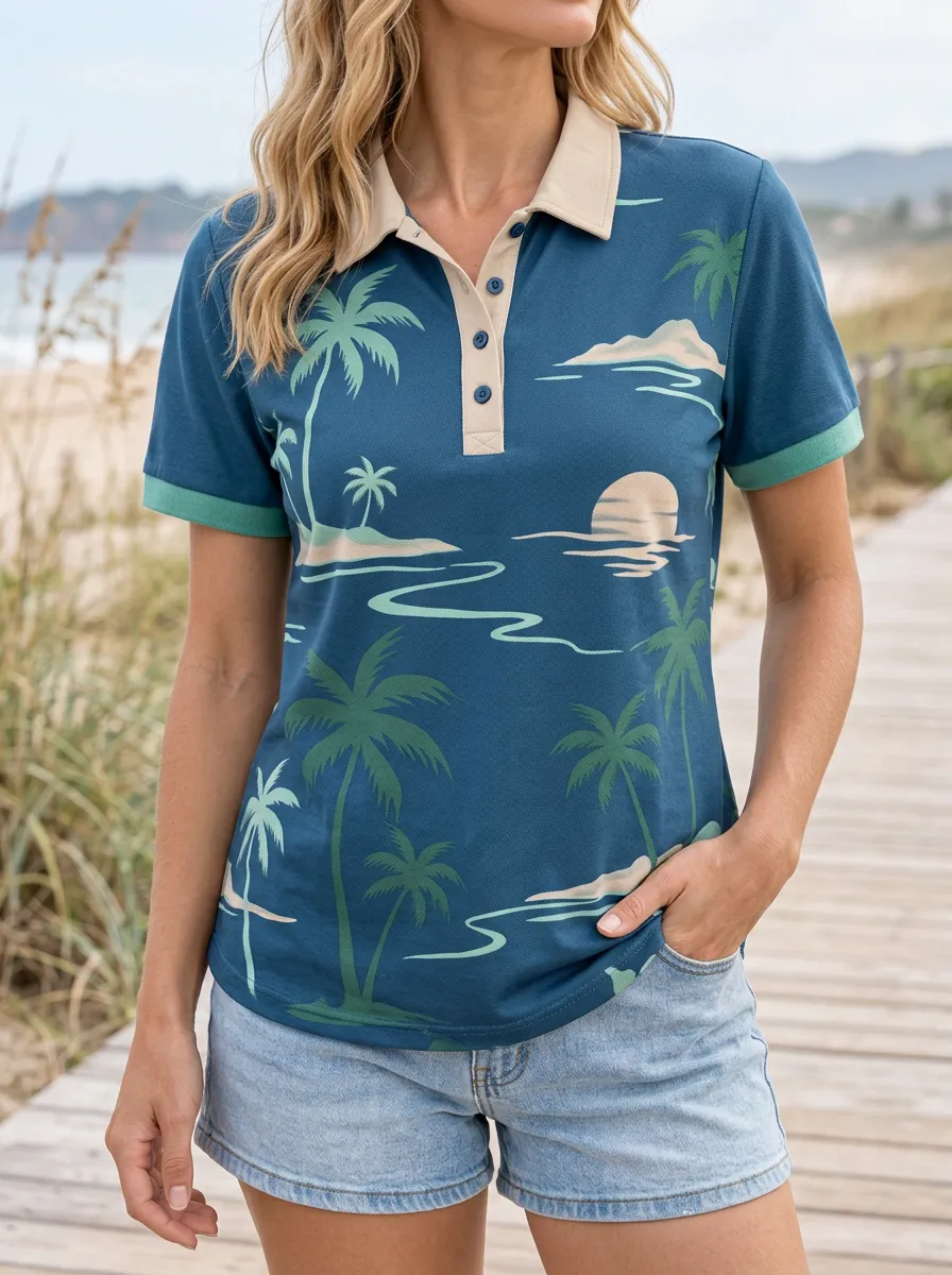 Women's Tropical Beach Lover Palm Tree Sunset Printed Polo Shirt