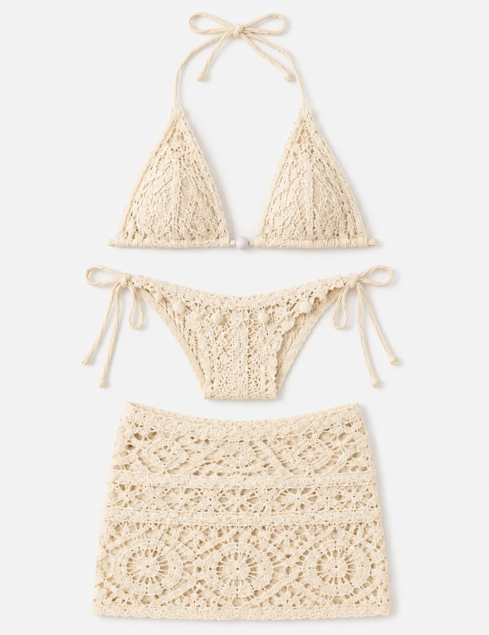 Halter Crochet Knit with Triangle Bikini Set with Skirt