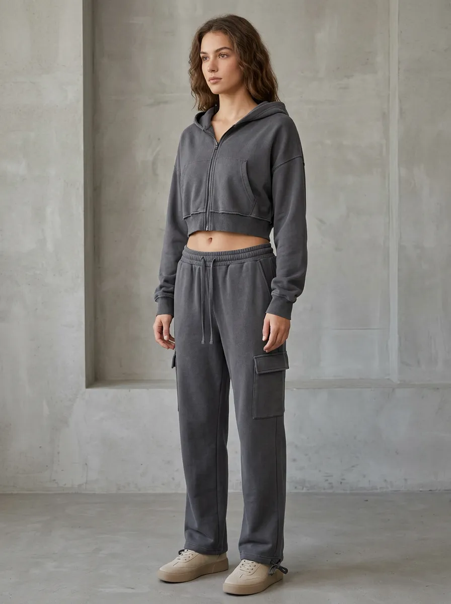 Cropped Cargo-Jogger Sweatpants Sporty Women's Cropped Zip-Up Hoodie Jogger Active Set