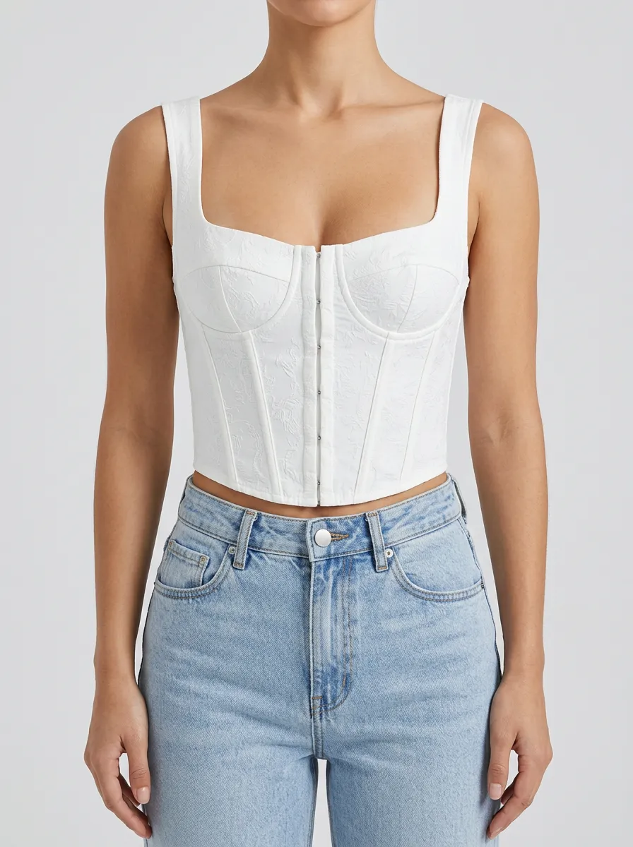 Hook-and-Eye Jacquard Square-Neck Women's Corset Top