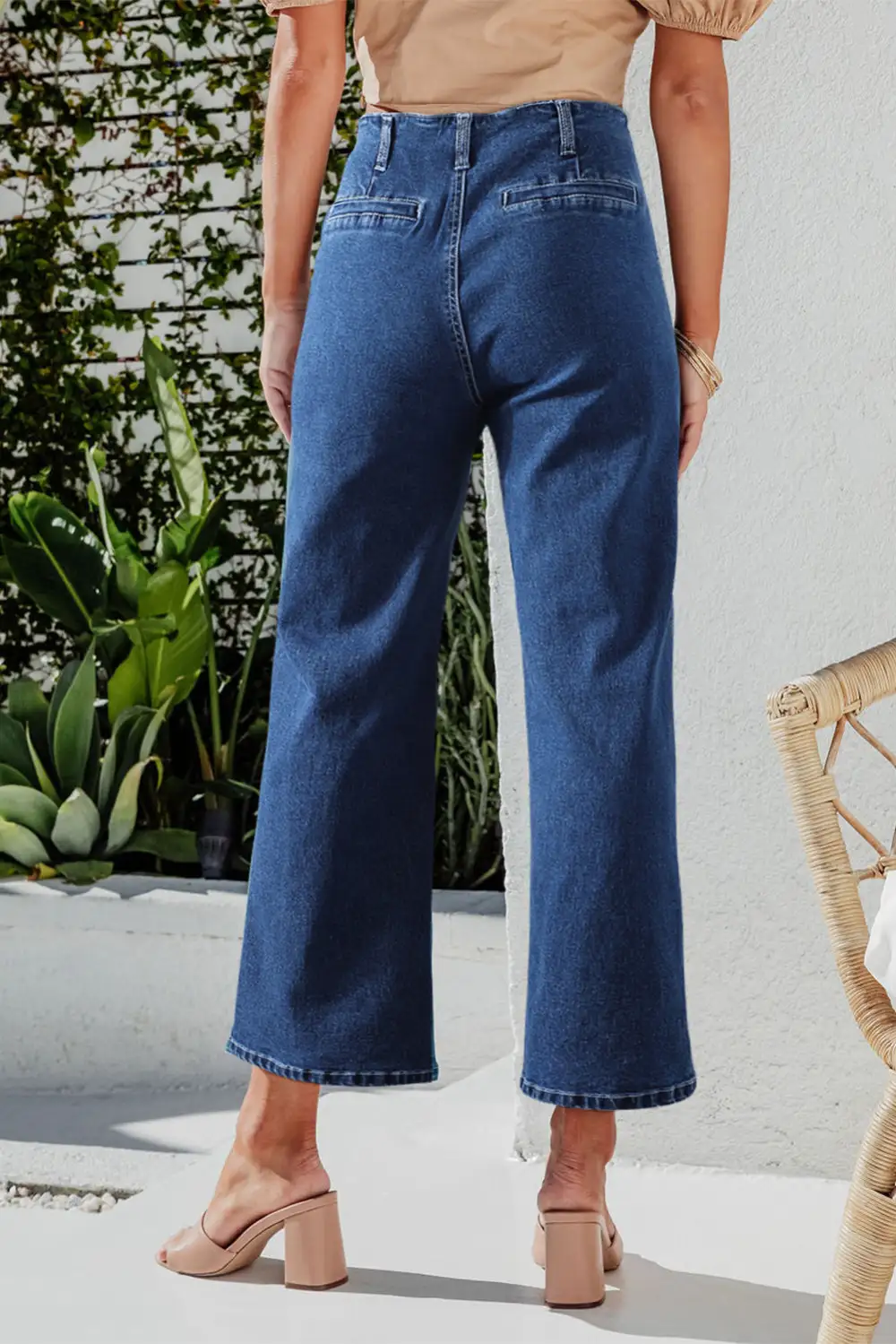 Women's High Waist Button Front Wide Leg Cropped Jeans