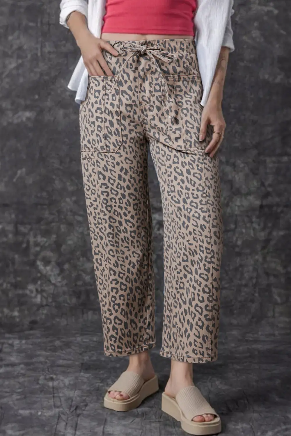 Women's Pocketed Barrel Jeans With Leopard Print And Drawstring Waist